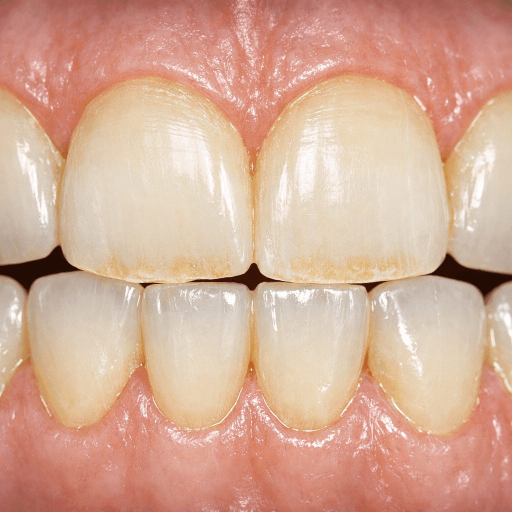 Close-up of front teeth showing acid erosion — thinning, yellowed enamel on the upper incisors
